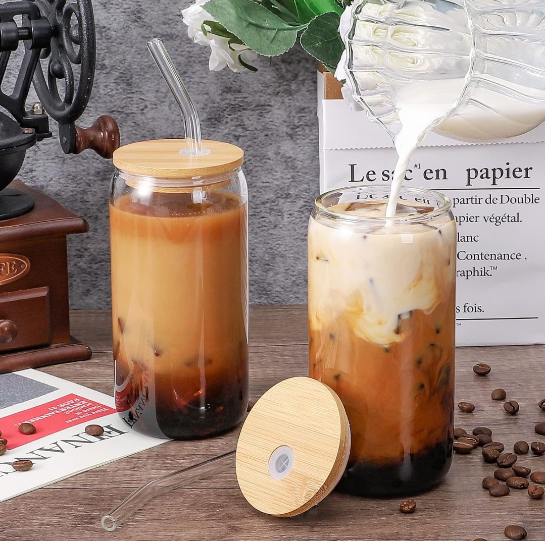 Premium Glass Tumbler with Bamboo Lid & Glass Straw (Pair)